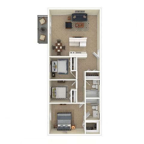 Floor plan for 3 beds, 2 baths, 975 sqft